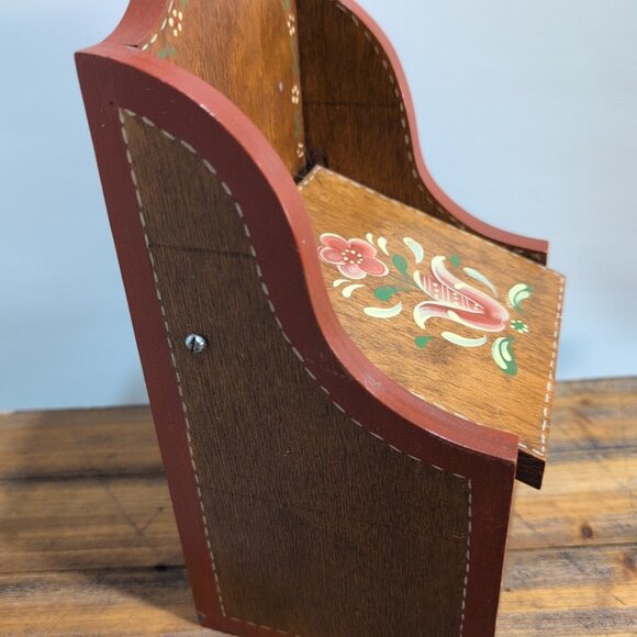 Wooden Vintage Rosemaled Recipe Card Trinket Storage Box - Picture 6 of 6